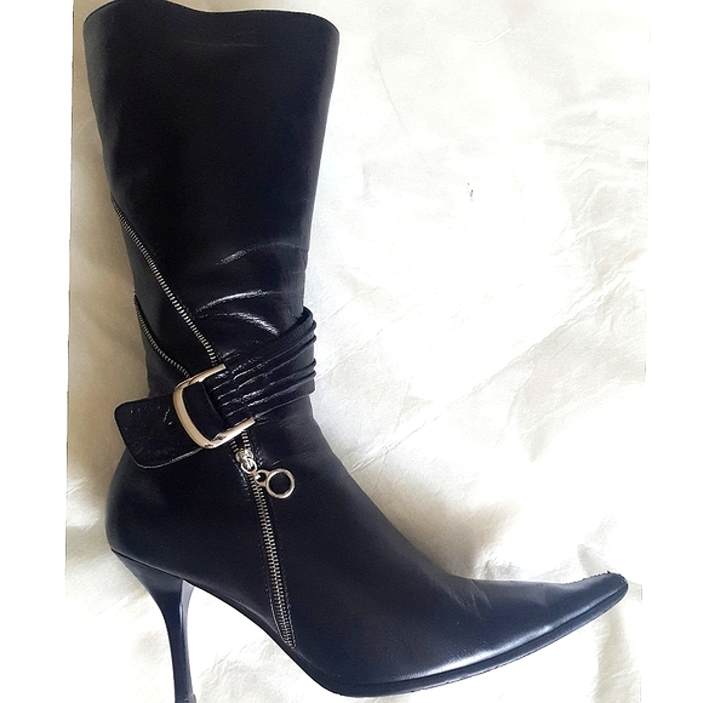 🔖90's-Y2K Mid Calf Leather Heel Boots| Pointed |Side Zipped|Faux Fur Lining